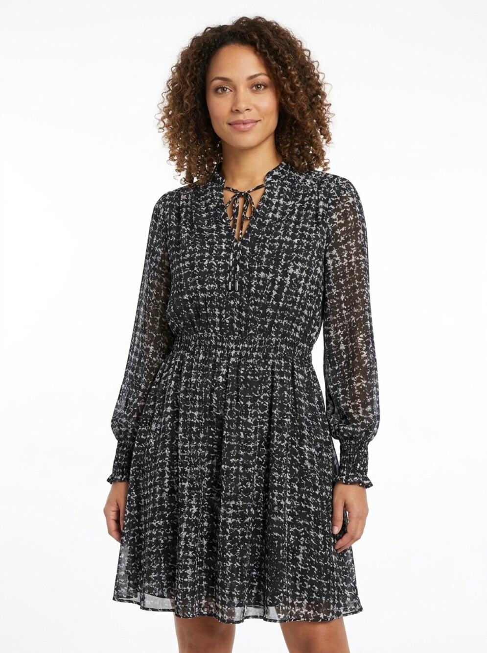 Just... Taylor Black White Abstract Print Long Sleeve Dress Women Size L